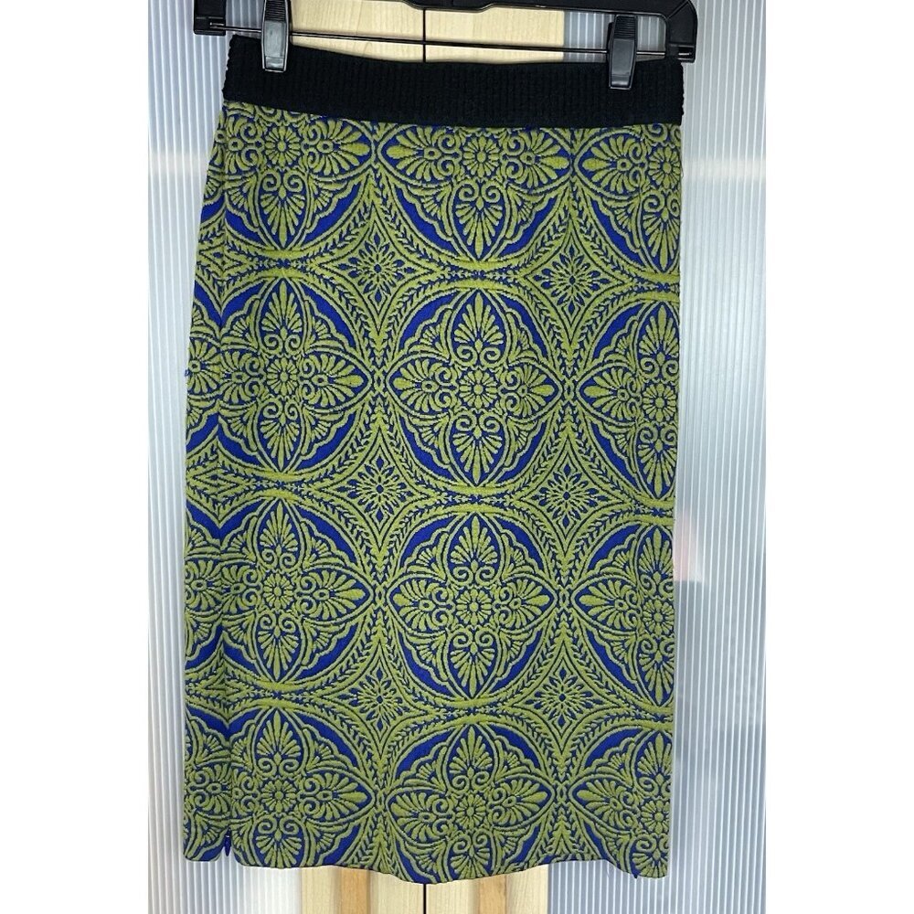 Maeve Knit Jacquard Skirt Blue Green Sz S Side Zipper Slits Career Party Casual